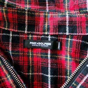 Plaid Shirt Pink + Dolphin MEDIEVAL PLAID ZIPUP Red Small partial sleeve zippers